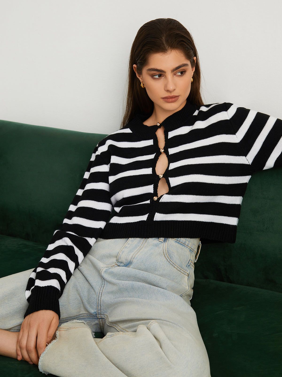 Timeless Stripe Keyhole Crop Sweater sold by COMMENSE product image thumbnail 3