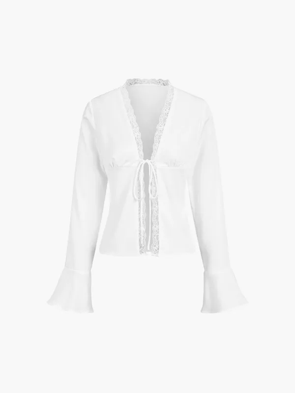 Lace Trim Tied Shirt sold by COMMENSE