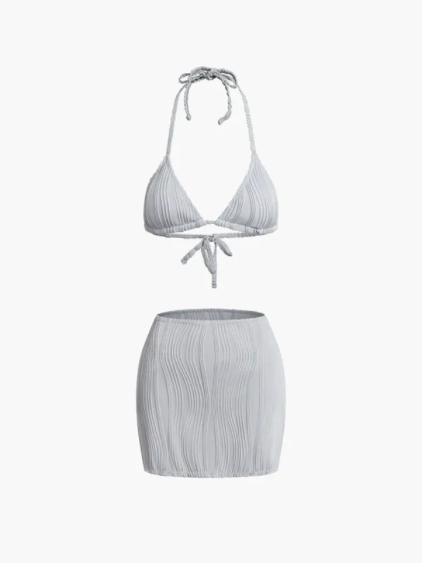 Halter Textured Three Piece Bikini Set sold by COMMENSE