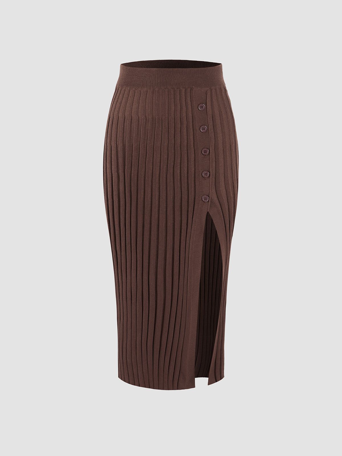 Brownie Side Buttons Rib Slit Skirt sold by COMMENSE