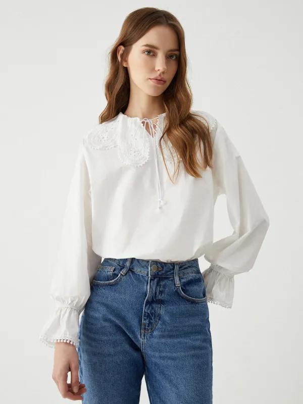 Ruffle Tie Neck Lantern Sleeve Shirt sold by COMMENSE