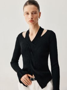 Cut Out Ribbed Slit Long Sleeve Knit Top sold by COMMENSE