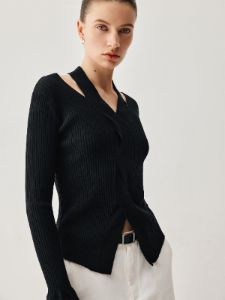 Cut Out Ribbed Slit Long Sleeve Knit Top sold by COMMENSE