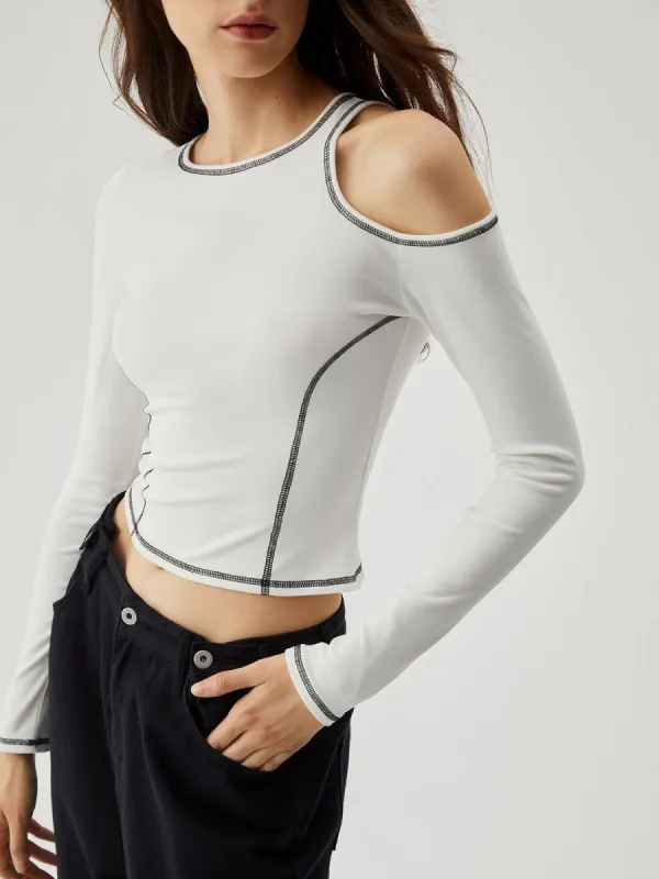 Cut Out Long Sleeve Contrast Trim Crop Top sold by COMMENSE