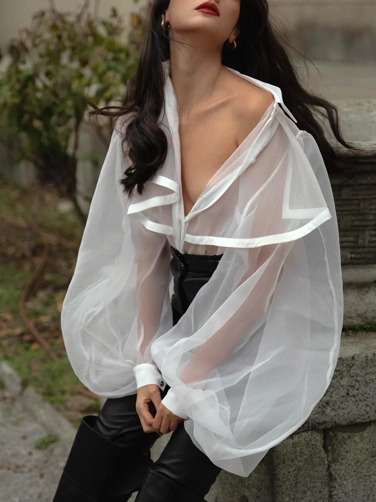 Sheer Organza Ruffle Front Bodysuit sold by COMMENSE product image thumbnail 2