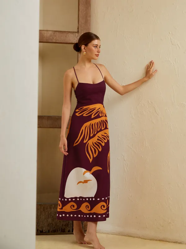 Print Backless Tie Back Long Dress sold by COMMENSE