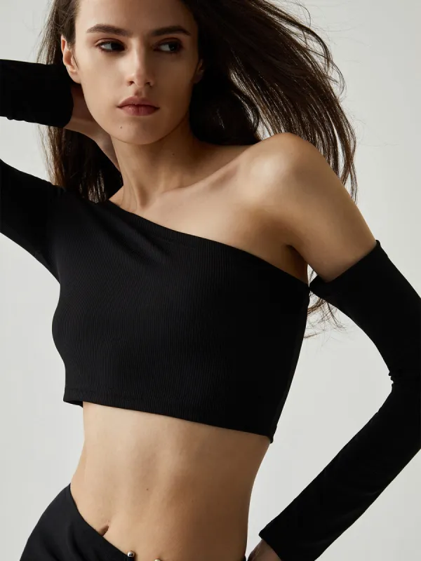 Asymmetrical Neck Ribbed Knit Long Sleeve Crop Top sold by COMMENSE