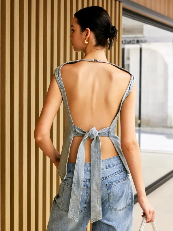 Backless Tie Back Denim Tank Top sold by COMMENSE