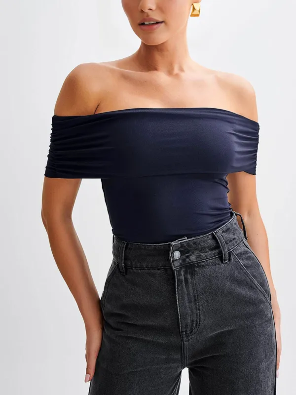 Off-Shoulder Straight Neck T-Shirt sold by COMMENSE
