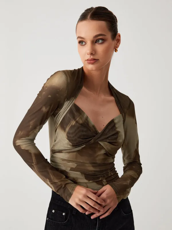 Tie Dye Mesh Twist Long Sleeve Crop Shirt sold by COMMENSE