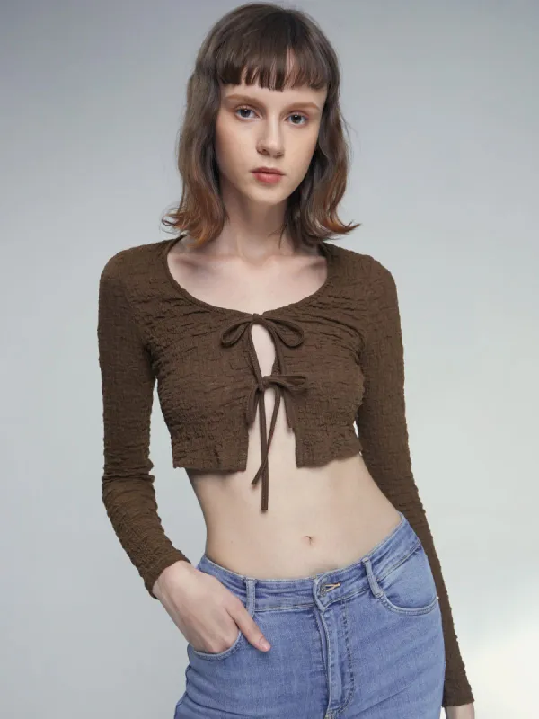 Scoop Neck Double Front Tie Cropped Cardigan sold by COMMENSE