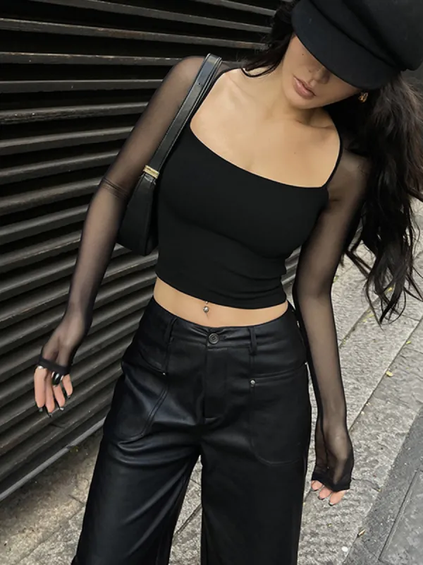 Mesh Patchwork Square Neck Top sold by COMMENSE