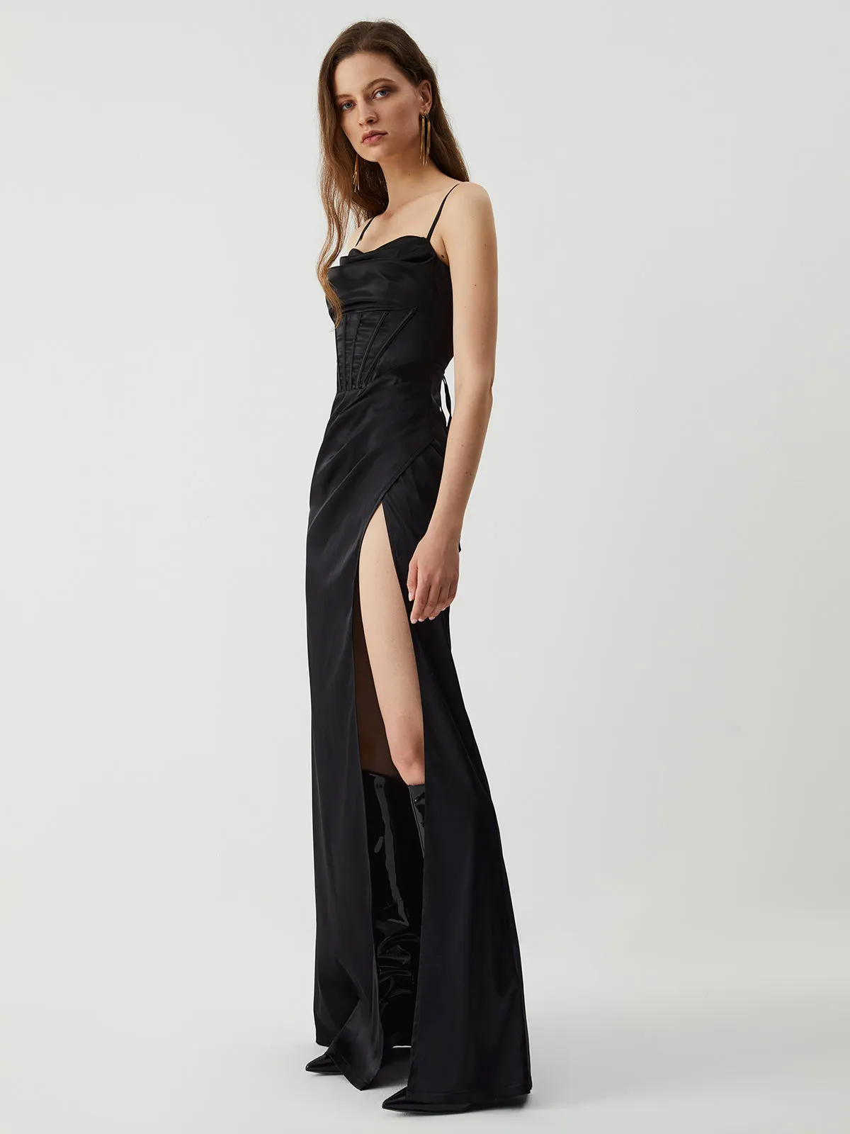 Tie Back Corset Satin Slit Long Dress sold by COMMENSE product image thumbnail 5