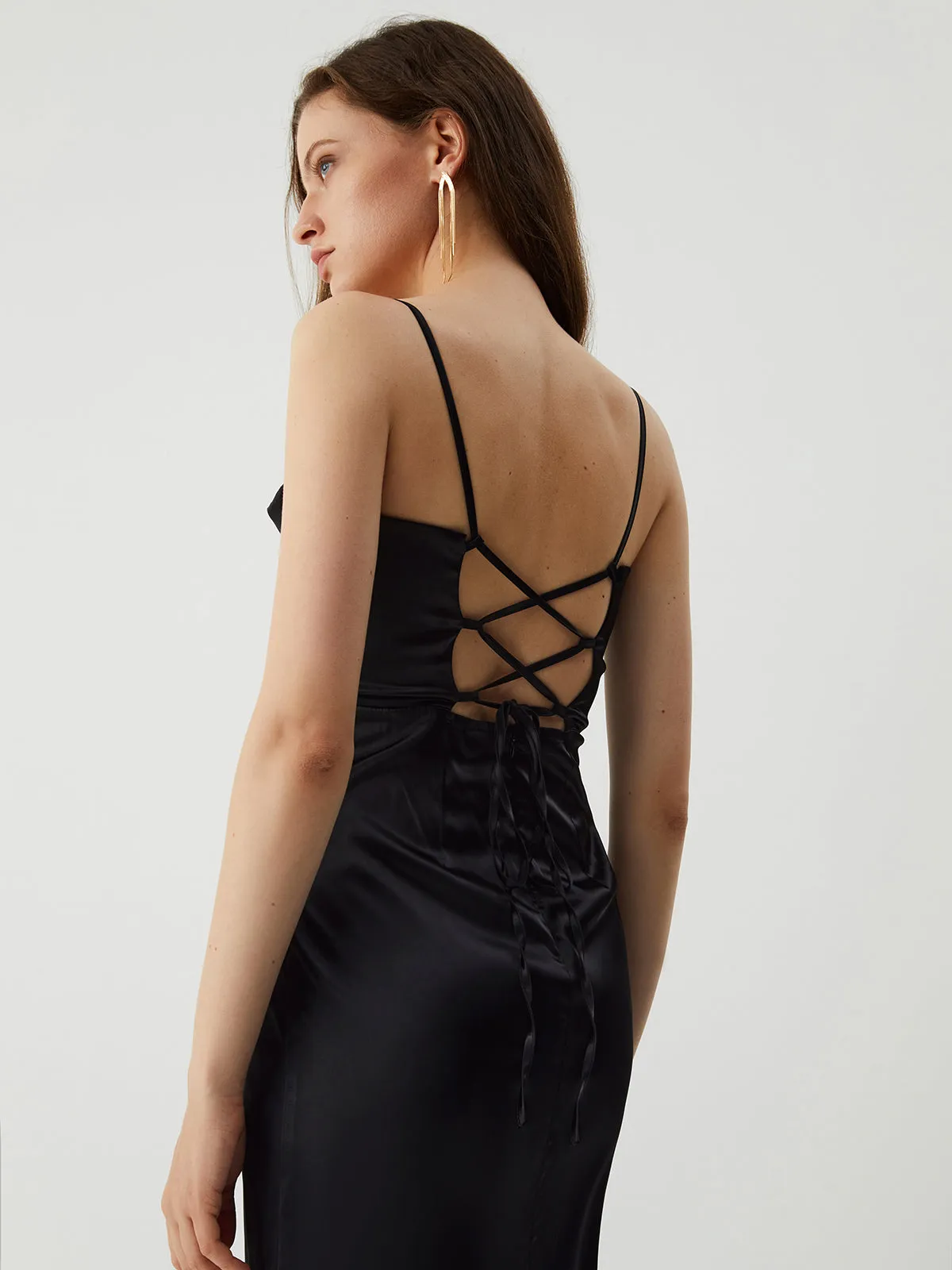 Tie Back Corset Satin Slit Long Dress sold by COMMENSE product image thumbnail 3