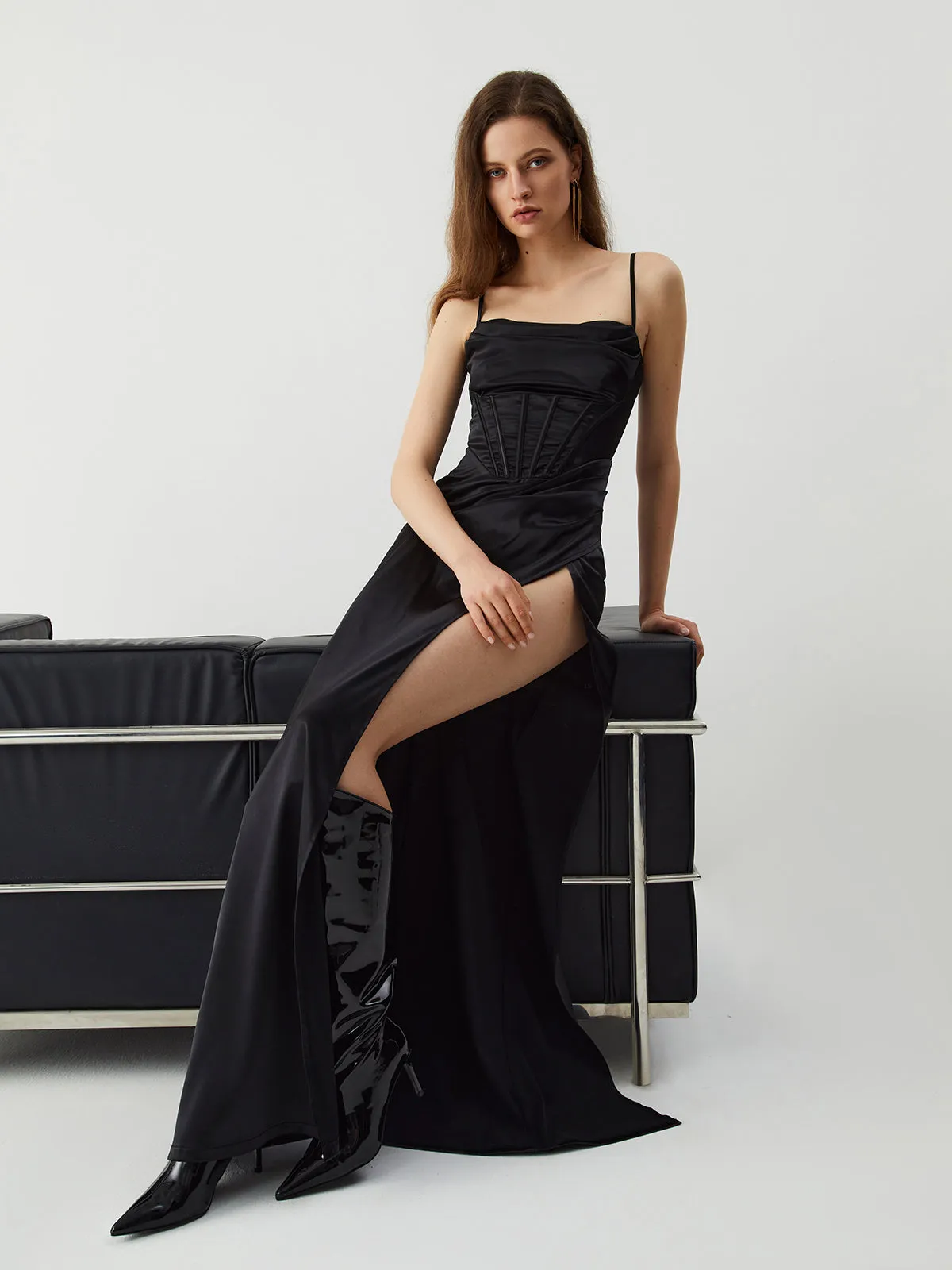 Tie Back Corset Satin Slit Long Dress sold by COMMENSE product image thumbnail 4