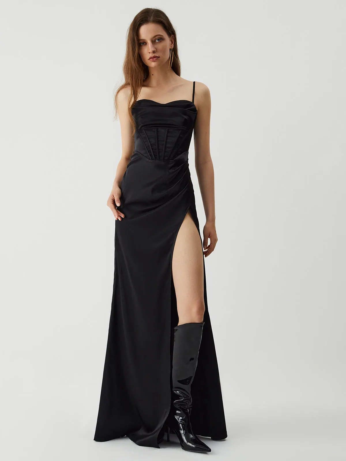 Tie Back Corset Satin Slit Long Dress sold by COMMENSE