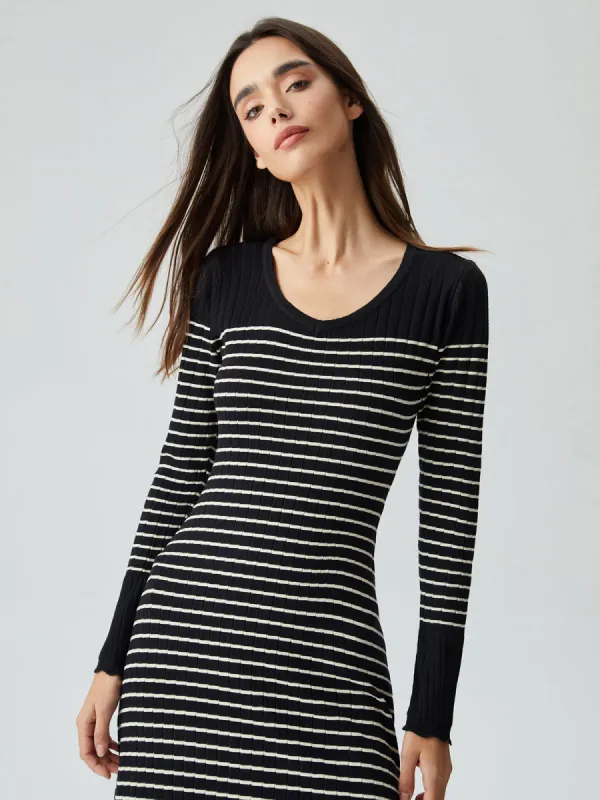 Contrast Trim Striped Crew Neck Knit Sweater Dress sold by COMMENSE