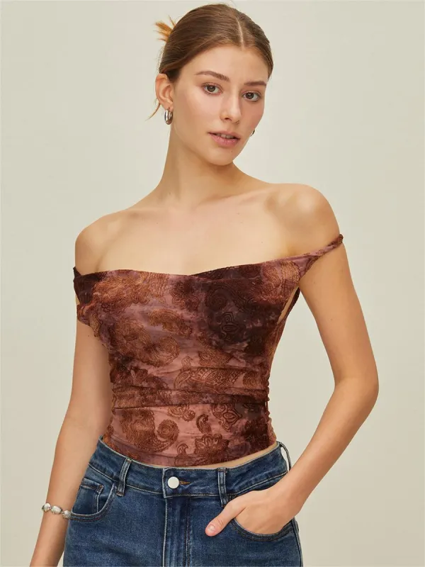 Print Off-Shoulder Crop Top sold by COMMENSE