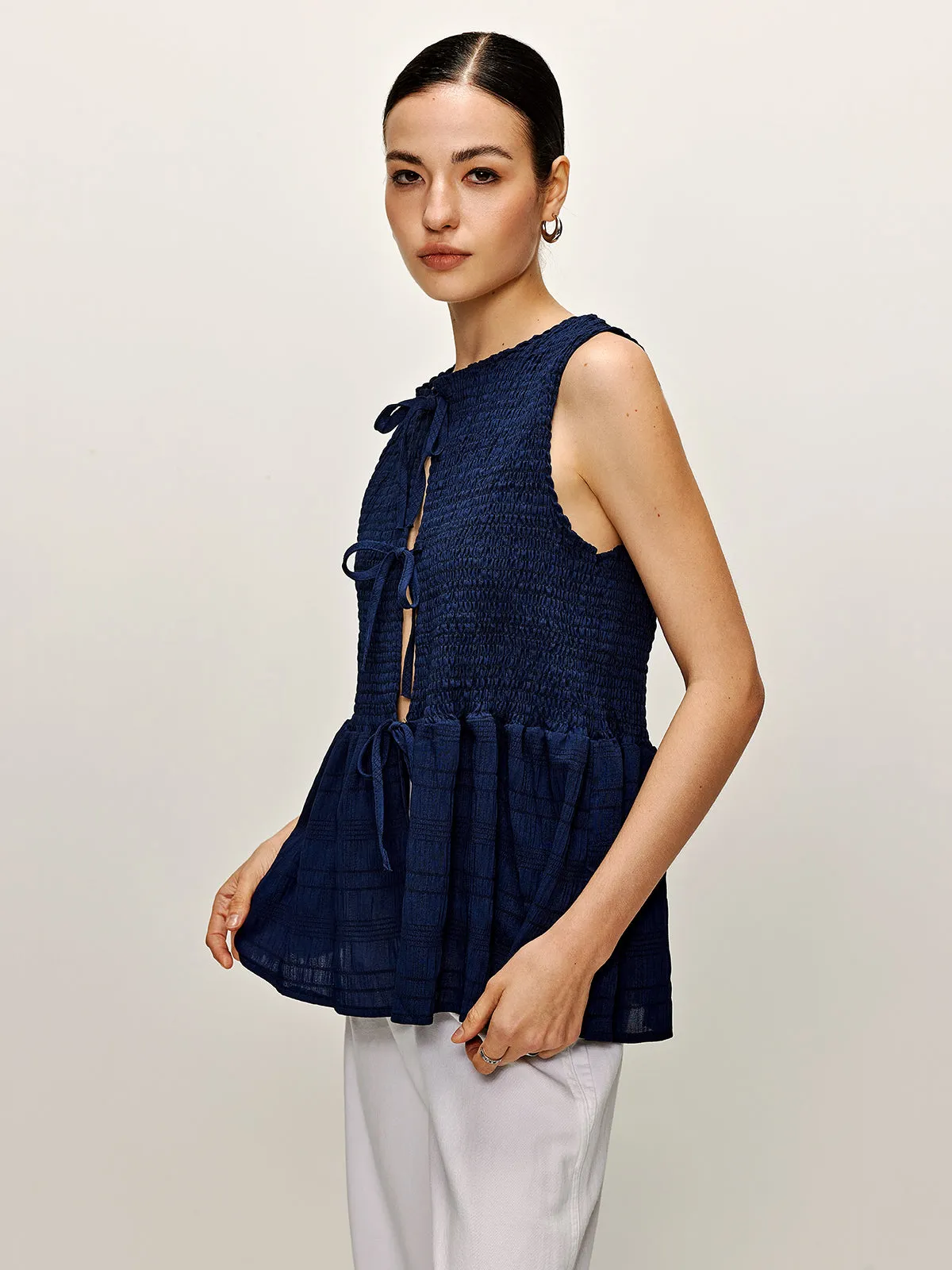 Shirred Lace Up Ruffle Tank Blouse sold by COMMENSE product image thumbnail 4