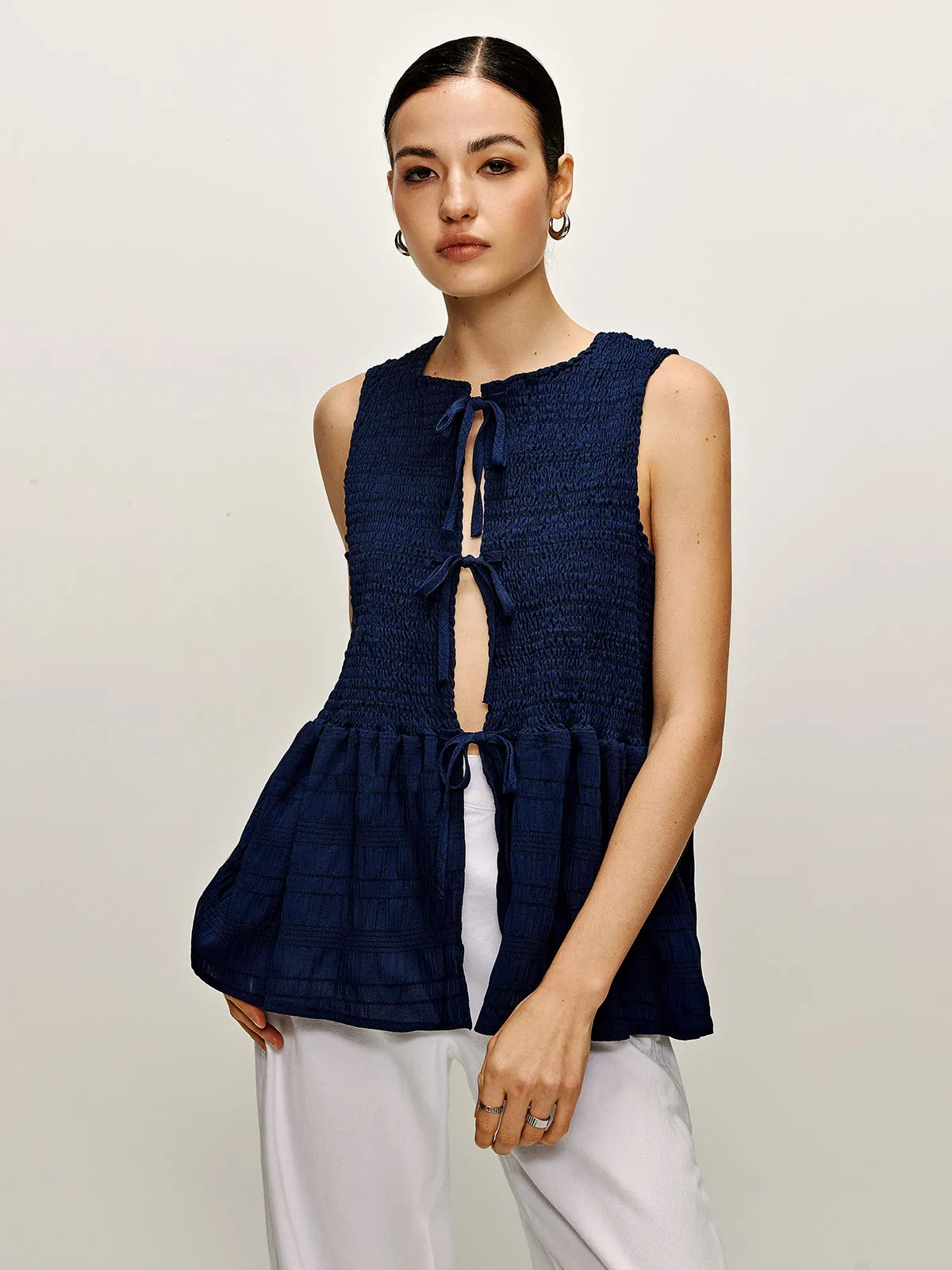 Shirred Lace Up Ruffle Tank Blouse sold by COMMENSE product image thumbnail 5