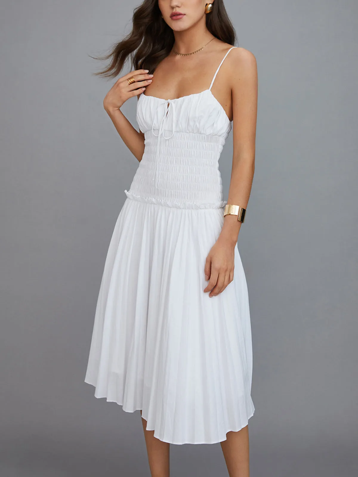 Cutout Tie Front Pleated Cami Midi Dress sold by COMMENSE product image thumbnail 2