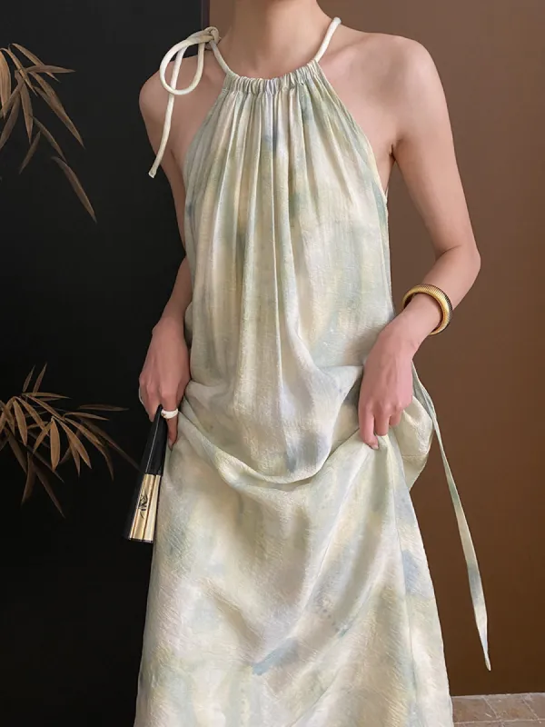 Soft Pastel Print Halter Belted Midi Dress sold by COMMENSE