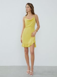 Ruffle Zippered Halter Neck Short Dress sold by COMMENSE