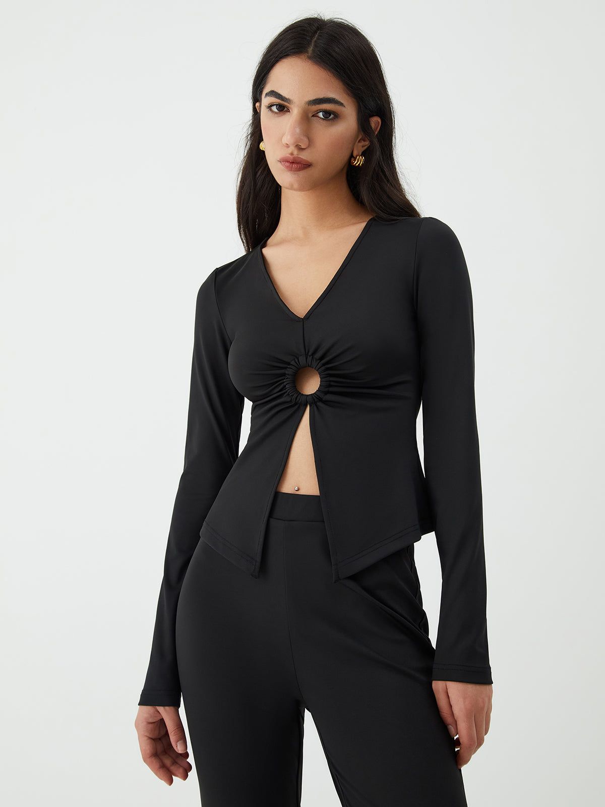 Circle Cutout Long Sleeve Blouse sold by COMMENSE