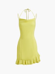 Ruffle Zippered Halter Neck Short Dress sold by COMMENSE