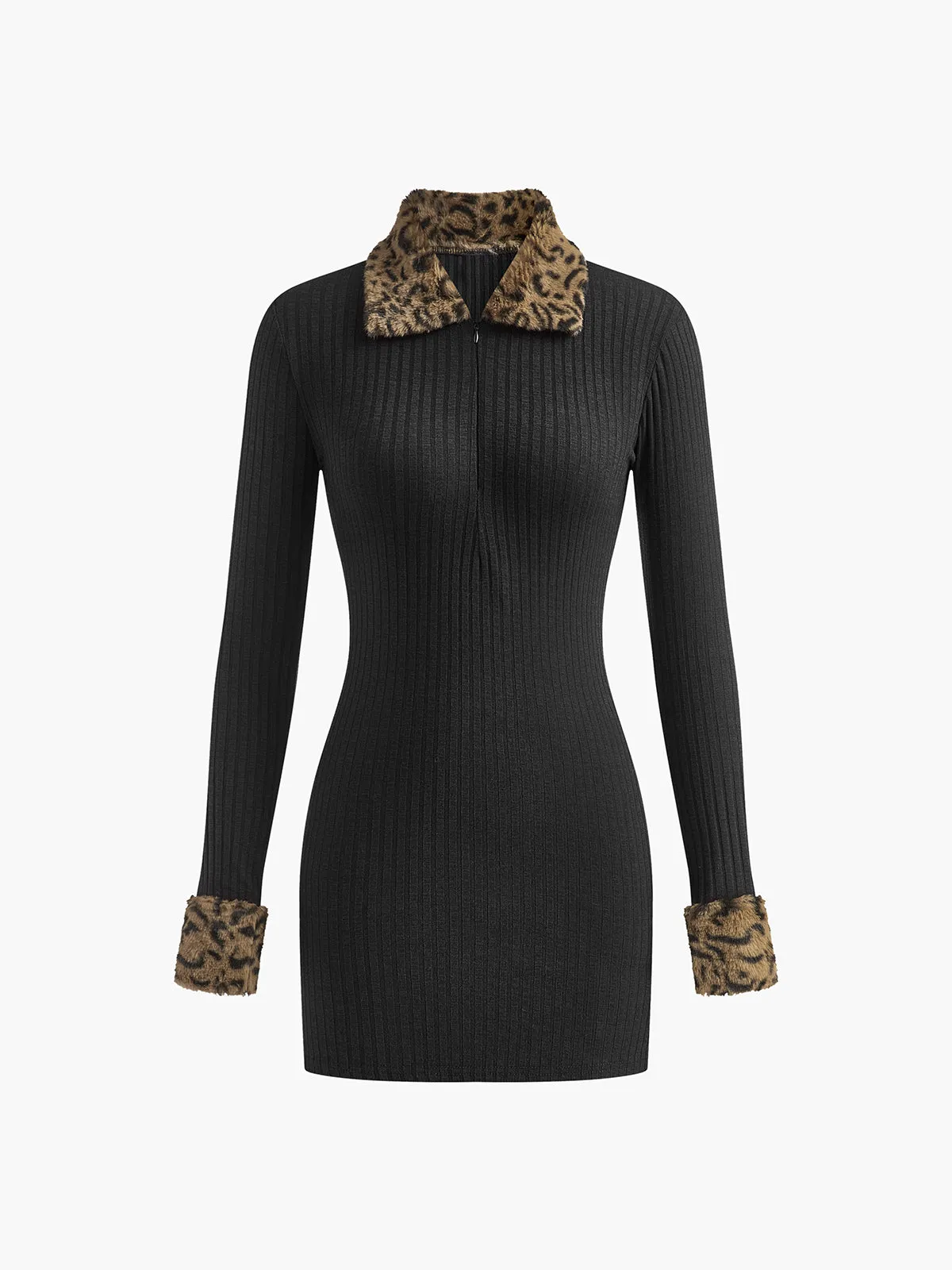 Leopard trim Ribbed Short Dress sold by COMMENSE