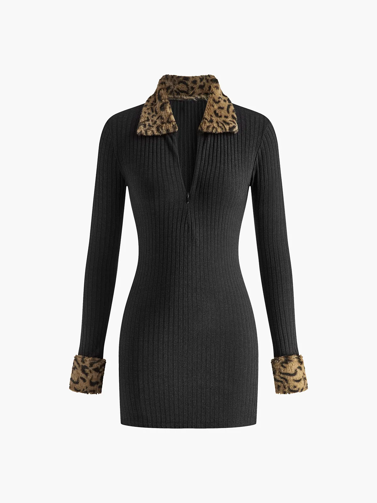 Leopard trim Ribbed Short Dress sold by COMMENSE product image thumbnail 2