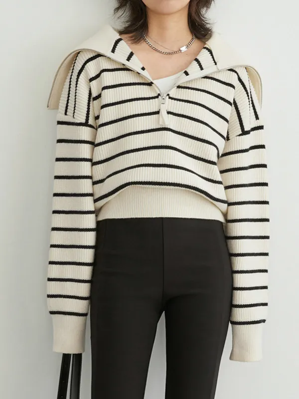 Half Zip Stripe Open Collar Sweater sold by COMMENSE