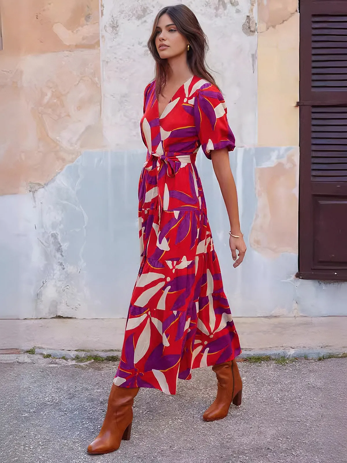 Printed Split V-Neck Midi Dress sold by COMMENSE product image thumbnail 3