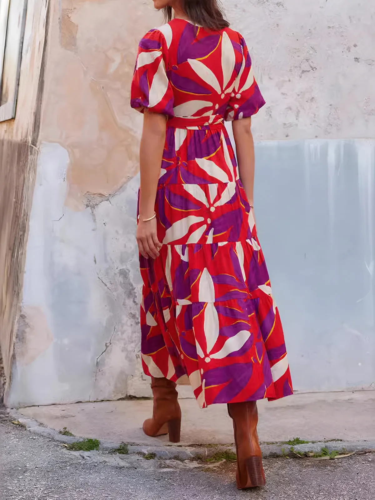 Printed Split V-Neck Midi Dress sold by COMMENSE product image thumbnail 4