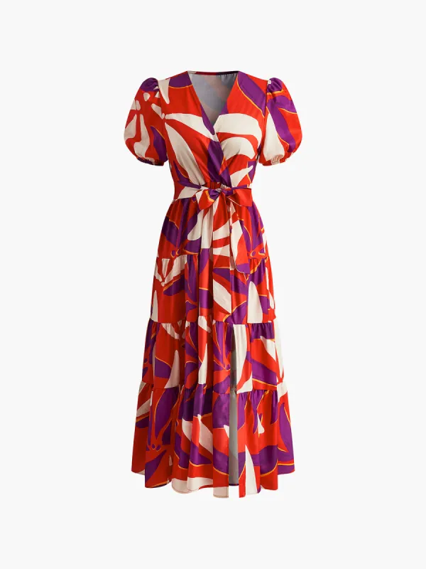Printed Split V-Neck Midi Dress sold by COMMENSE
