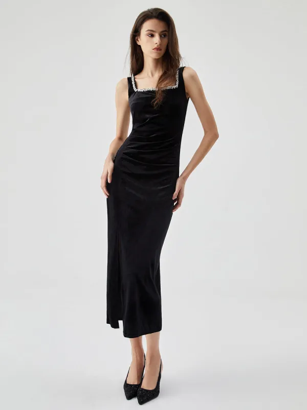 Rhinestone Beaded Trim Velvet Split Cami Midi Dress sold by COMMENSE