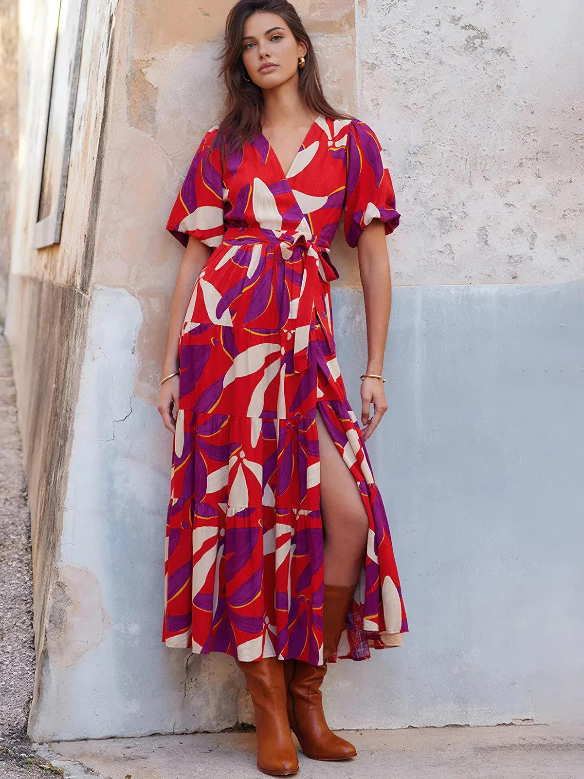 Printed Split V-Neck Midi Dress sold by COMMENSE product image thumbnail 5