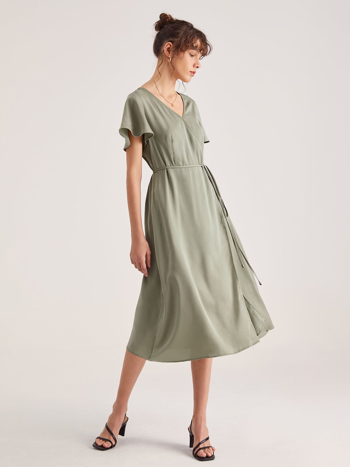 Flutter Sleeve Side Tie Wrap Midi Dress sold by COMMENSE product image thumbnail 2
