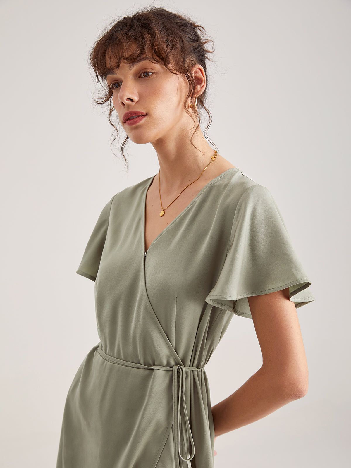 Flutter Sleeve Side Tie Wrap Midi Dress sold by COMMENSE product image thumbnail 4