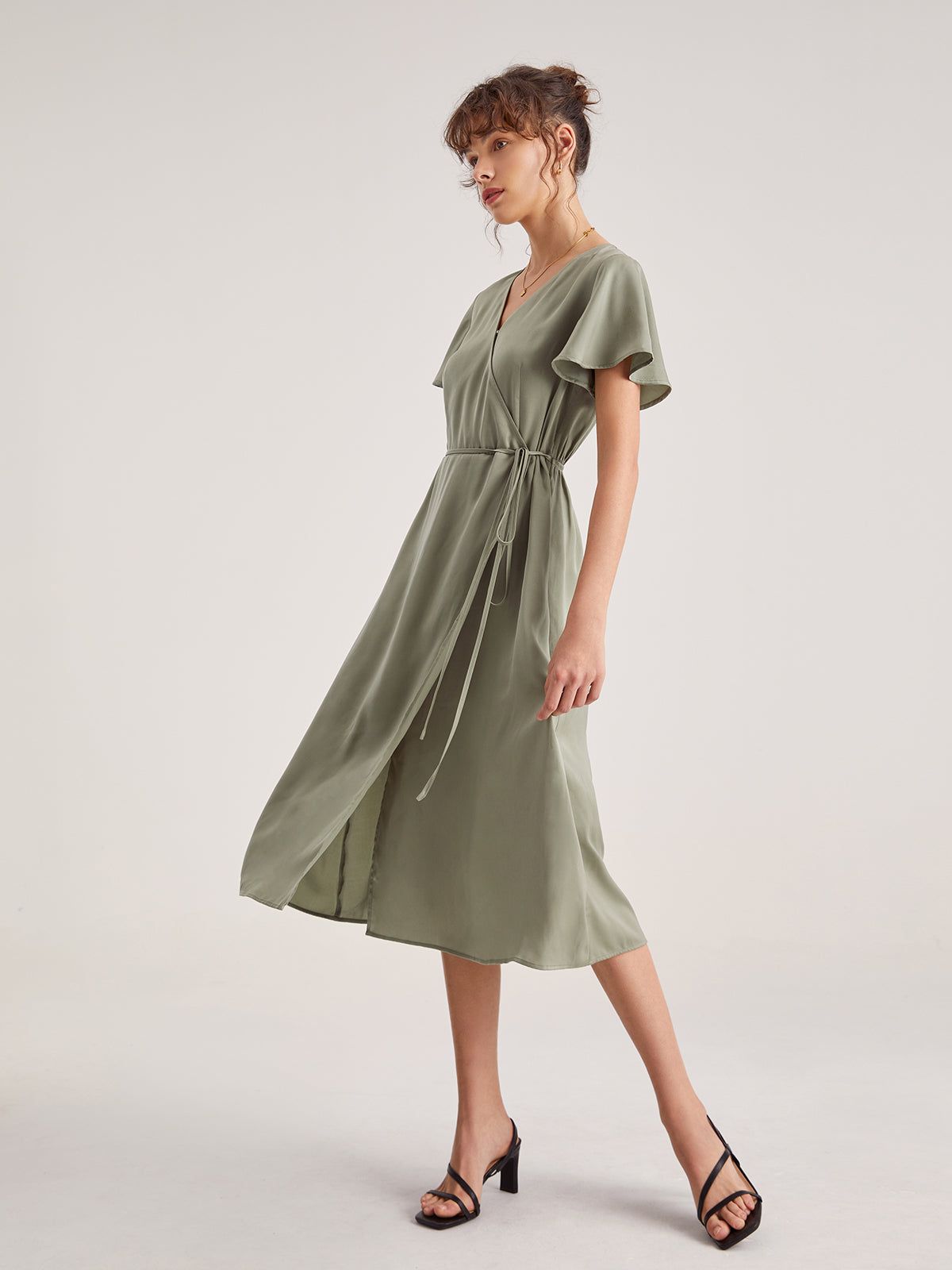Flutter Sleeve Side Tie Wrap Midi Dress sold by COMMENSE