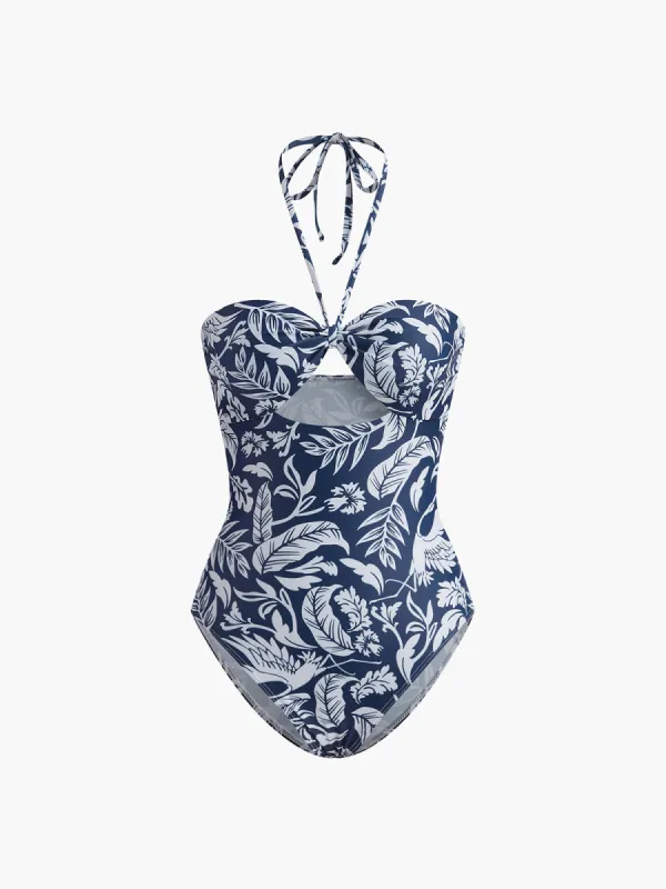 Floral Print Halter Cutout Swimsuit made by COMMENSE