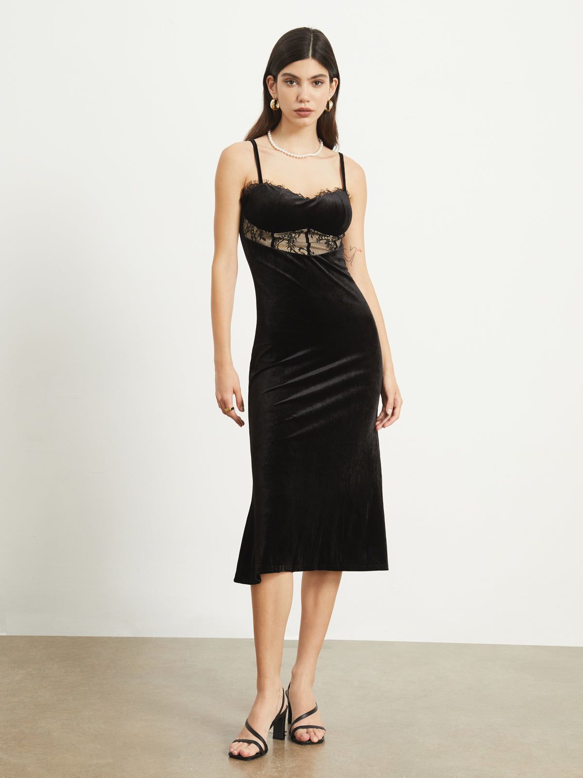 Alden Lace Mesh Velvet Midi Dress sold by COMMENSE
