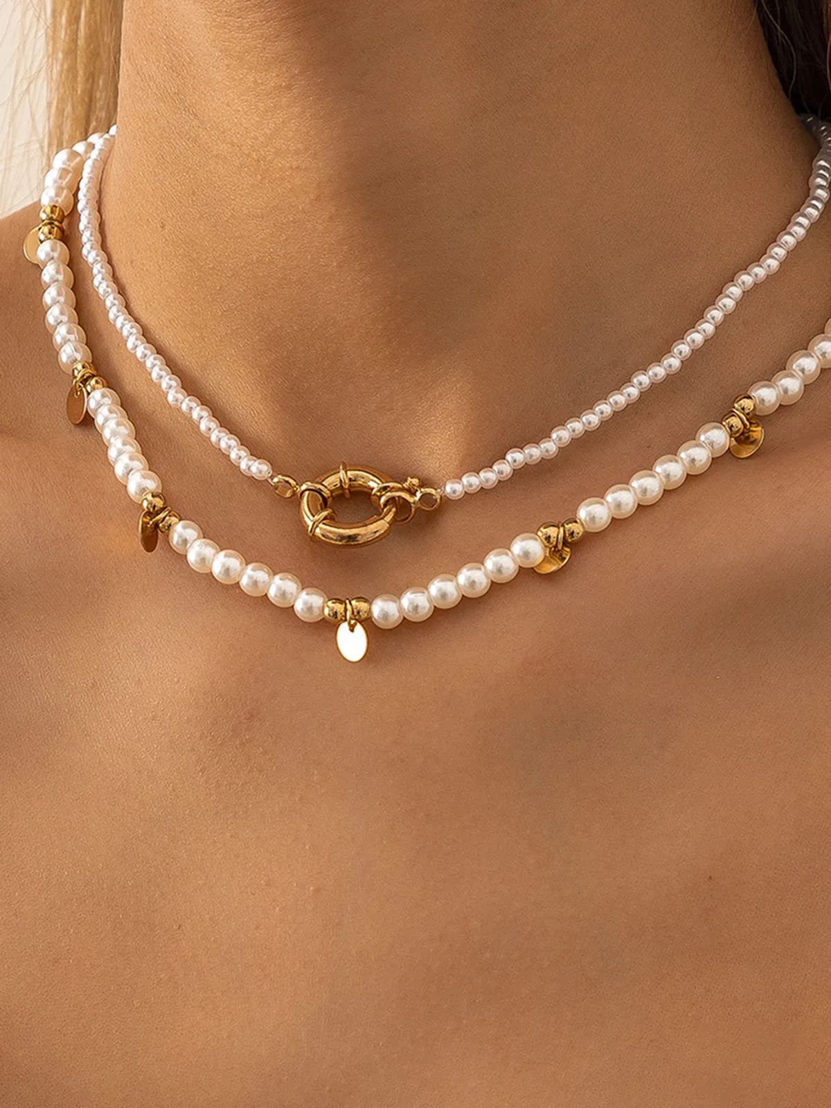 2pcs Pearl Beaded Golden Hoop Necklace sold by COMMENSE