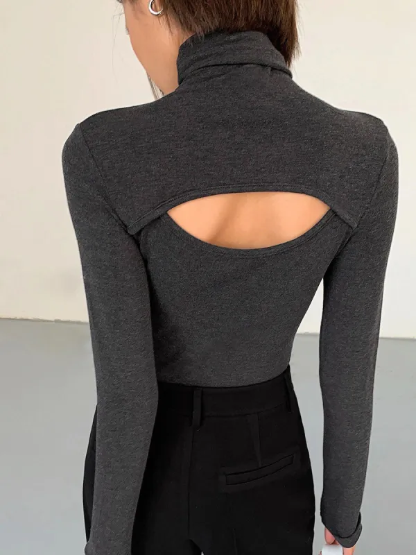 Long Sleeve Cut Out Turtleneck Shirt sold by COMMENSE