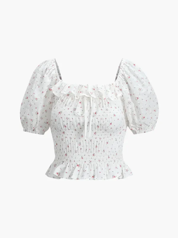 Boho Floral Print Puff Sleeve Shirred Blouse sold by COMMENSE