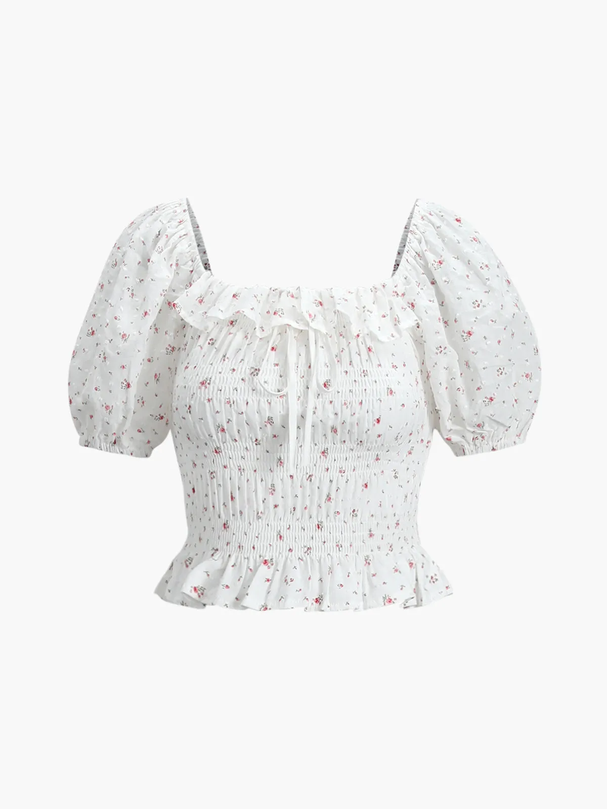 Boho Floral Print Puff Sleeve Shirred Blouse sold by COMMENSE