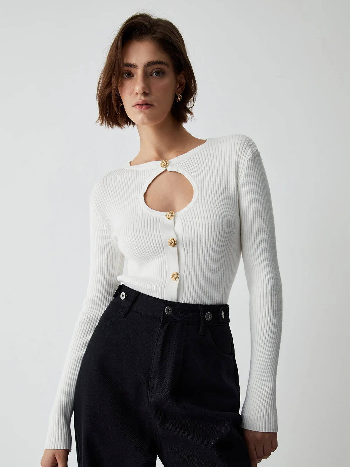Effortless Keyhole Long Sleeve Knit Top sold by COMMENSE