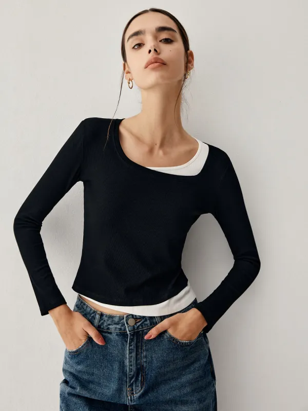 Colorblock Long Sleeve Crop Shirt sold by COMMENSE