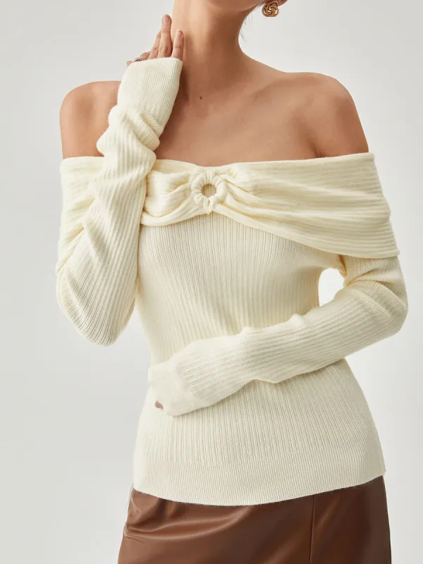 Ring-shaped Detail Overfold Off Shoulder Knit Shirt sold by COMMENSE