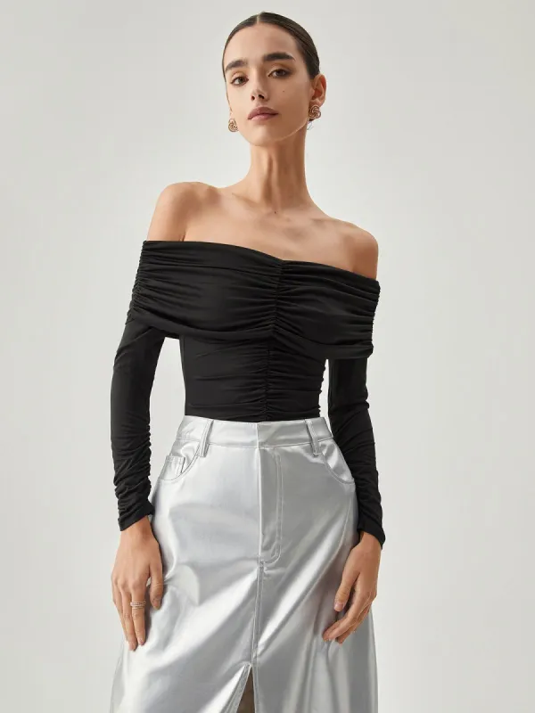 Draped Slinky Overfold Long Sleeve Off Shoulder Shirt sold by COMMENSE